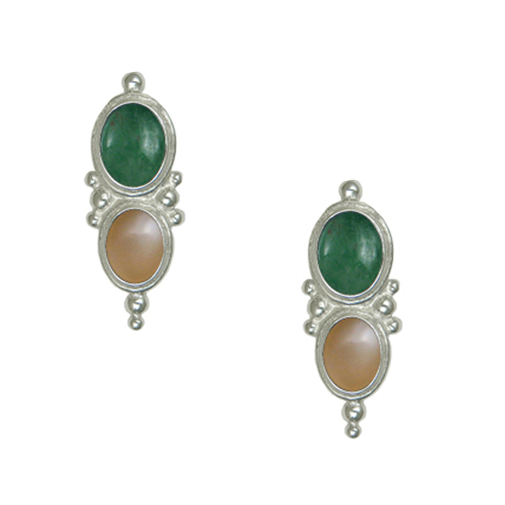 Sterling Silver Drop Dangle Earrings With Jade And Peach Moonstone